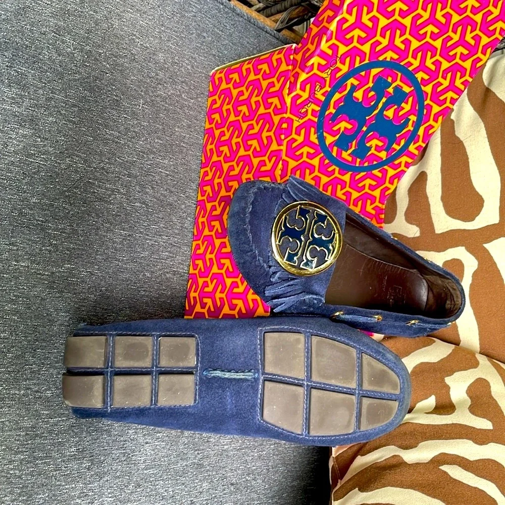 Tory Burch Navy Blue Suede Tassel Loafers with Gold Logo Medallions